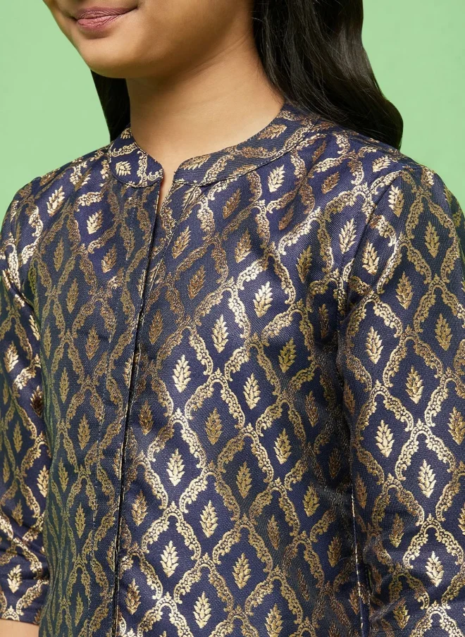 أيه كيه إس Navy Blue Ethnic Motif Kurta Set for Girls