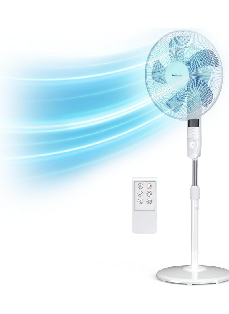 برو_بريز مروحة قاعدة برو بريز مقاس 16 بوصة مزودة بجهاز تحكم عن بعد وشاشة LED، 4 أوضاع تشغيل، ذبذبة بزاوية 80 درجة، ارتفاع قابل للتعديل ورأس مروحة محوري، مثالية للمنازل والمكاتب وغرف النوم - أبيض  - Image 1