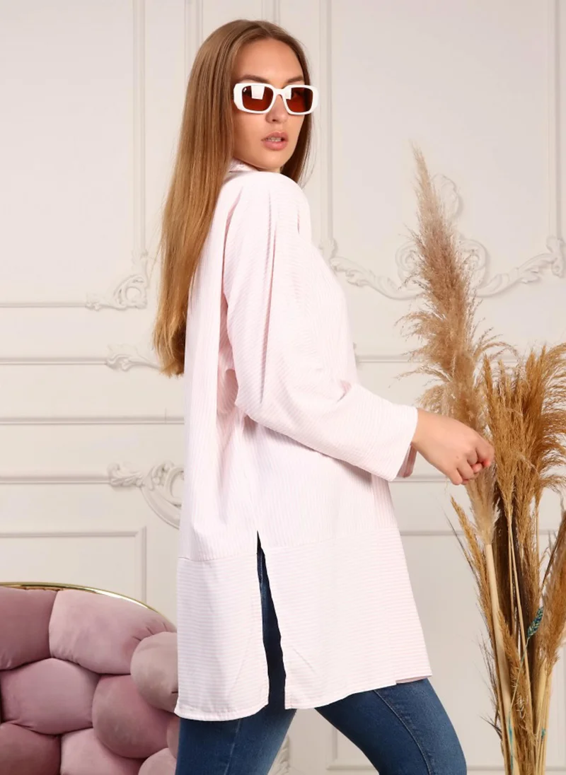 Bwest Salmon - Stripe - Cuban Collar - Blouses - Bwest