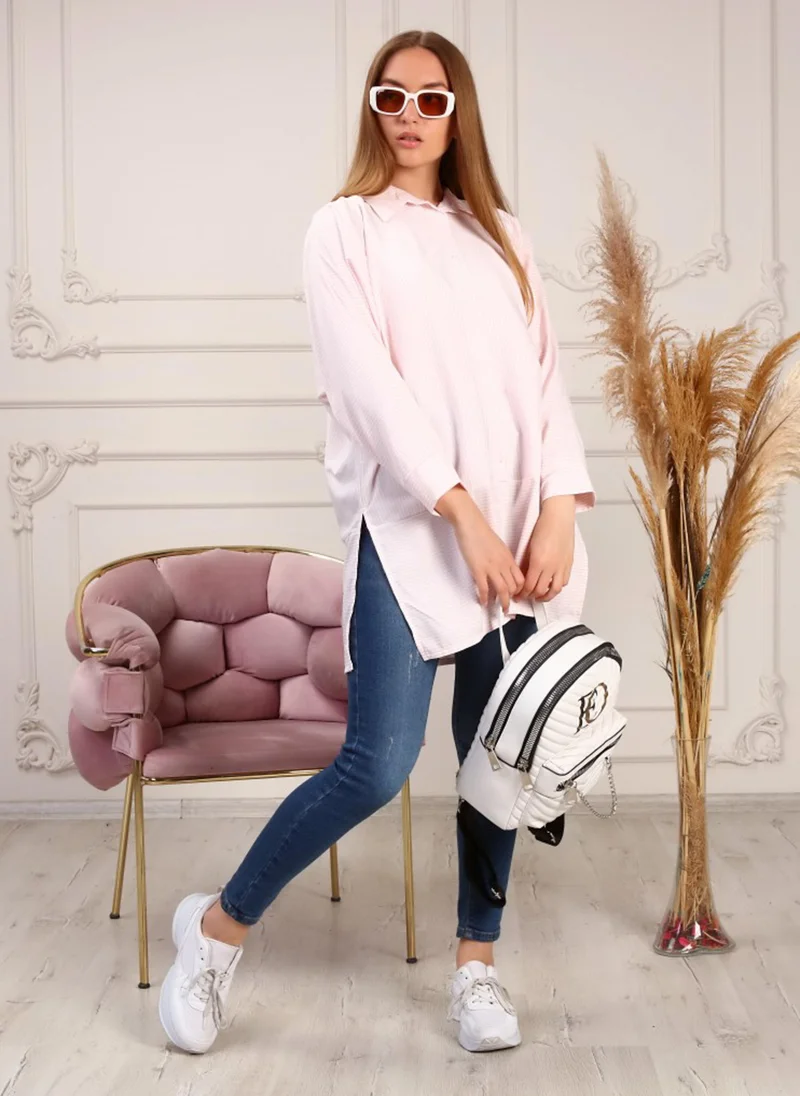 Bwest Salmon - Stripe - Cuban Collar - Blouses - Bwest