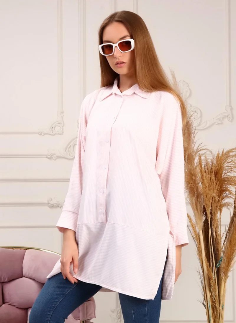 Bwest Salmon - Stripe - Cuban Collar - Blouses - Bwest