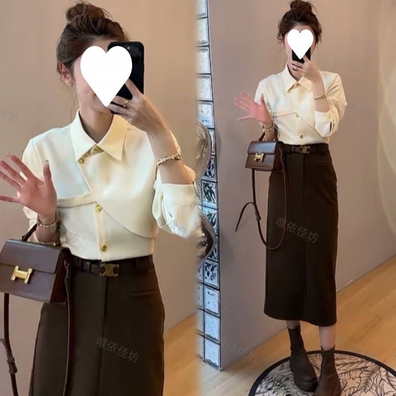 Solid Color Asymmetric Design Shirt Light Luxury Elegant Lapel Versatile Fashion Long Sleeve - Image 5