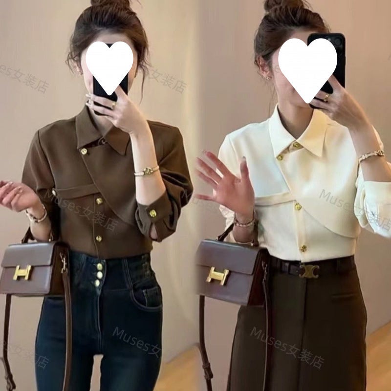 Solid Color Asymmetric Design Shirt Light Luxury Elegant Lapel Versatile Fashion Long Sleeve - Image 4