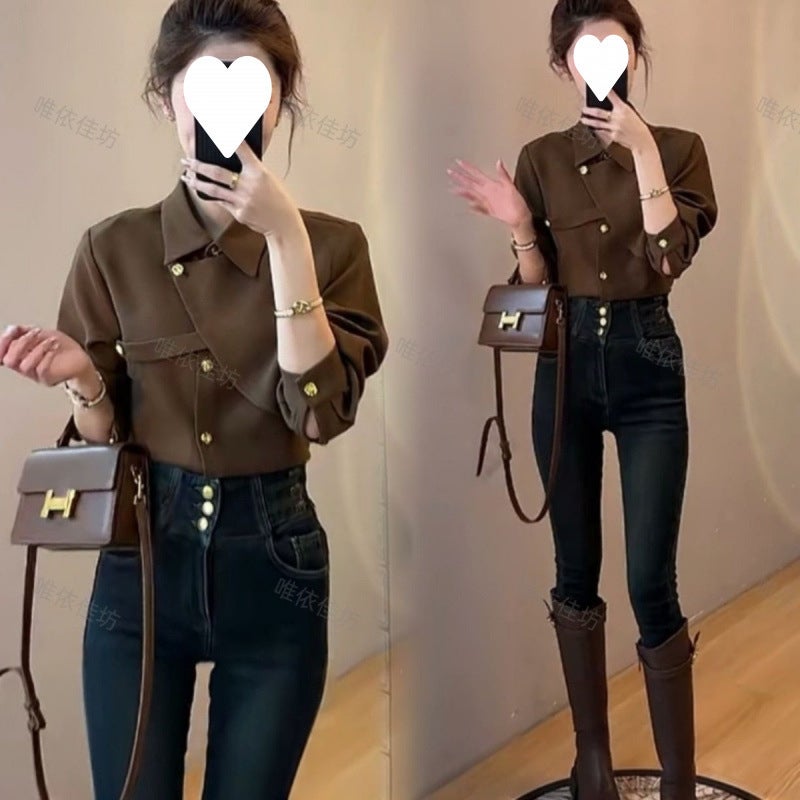 Solid Color Asymmetric Design Shirt Light Luxury Elegant Lapel Versatile Fashion Long Sleeve - Image 1