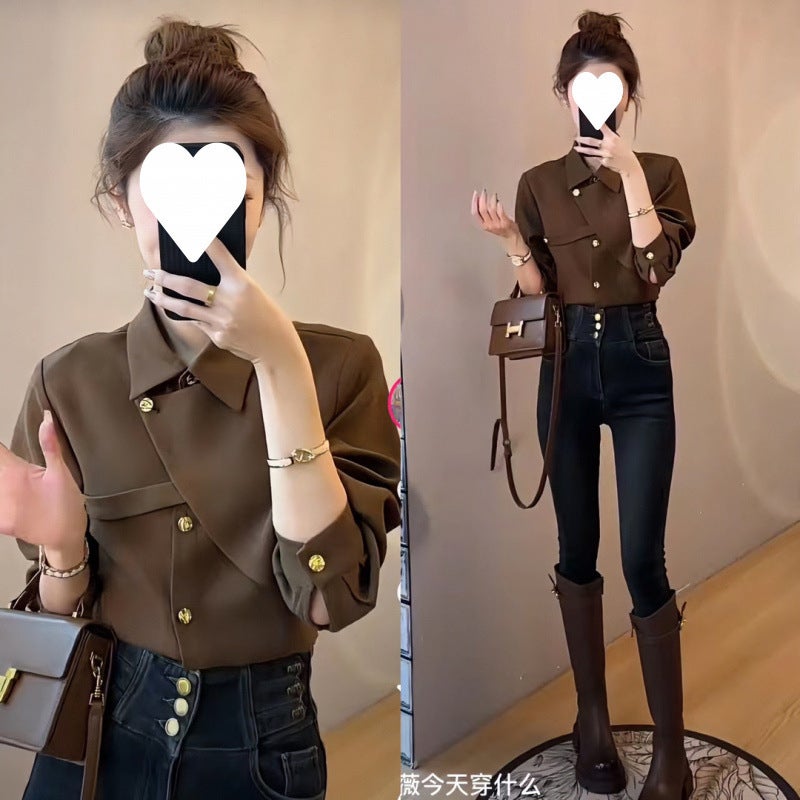 Solid Color Asymmetric Design Shirt Light Luxury Elegant Lapel Versatile Fashion Long Sleeve - Image 2
