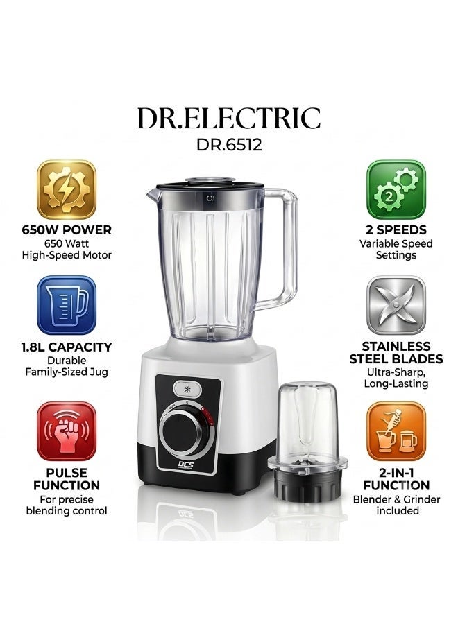 DR.ELECTRIC Electric Blender 2 in 1 650W, 1.8L, 2 Speeds with Pulse, Stainless Steel Blades, with Grinder, DR.6512 - Image 3