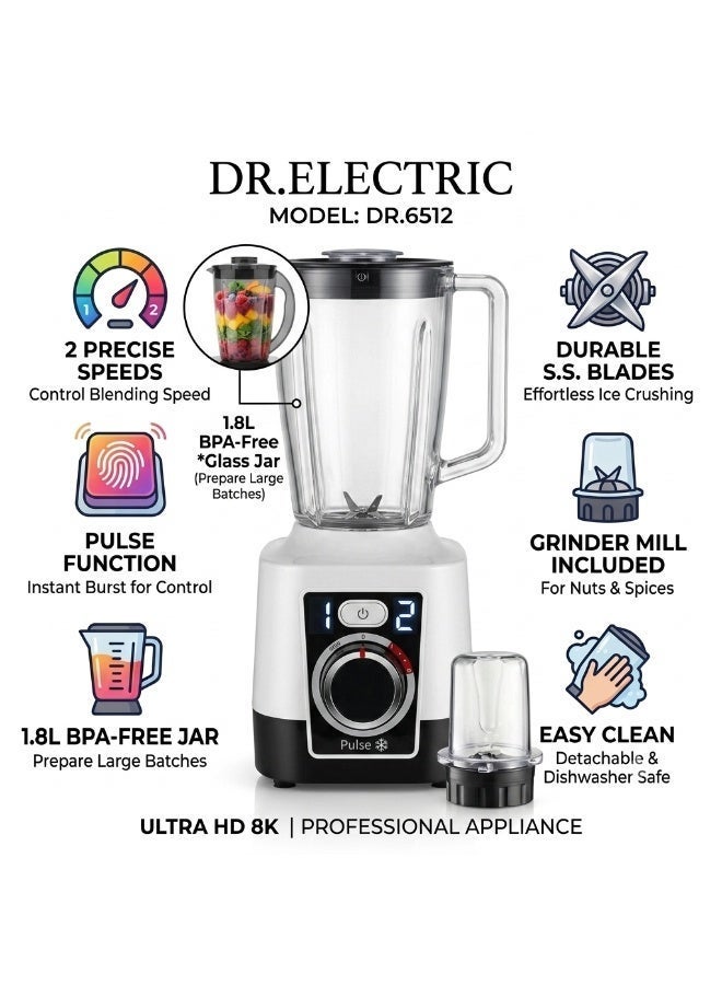 DR.ELECTRIC Electric Blender 2 in 1 650W, 1.8L, 2 Speeds with Pulse, Stainless Steel Blades, with Grinder, DR.6512 - Image 2