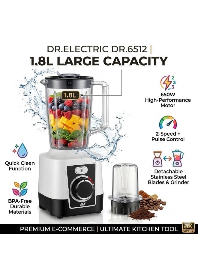DR.ELECTRIC Electric Blender 2 in 1 650W, 1.8L, 2 Speeds with Pulse, Stainless Steel Blades, with Grinder, DR.6512 - Image 4
