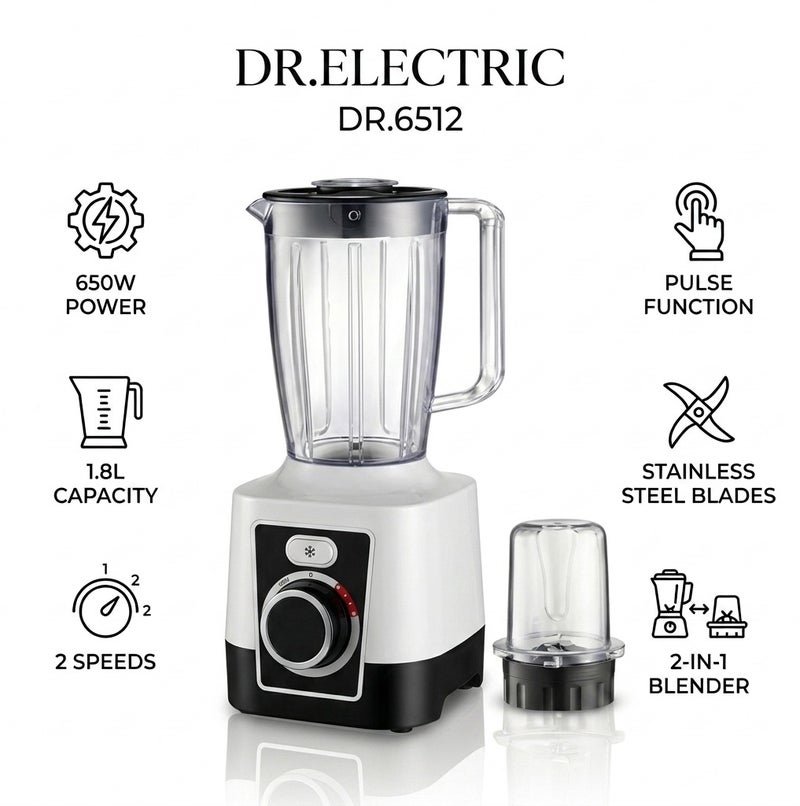 DR.ELECTRIC Electric Blender 2 in 1 650W, 1.8L, 2 Speeds with Pulse, Stainless Steel Blades, with Grinder, DR.6512 - Image 1