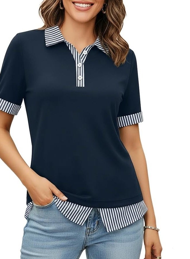 Disamer Womens Summer Tops Spring Fashion 2025 Short Sleeve Shirts Patchwork Button V Neck Tunic Tops Casual Work Blouses, Striped Navy, L - Image 1