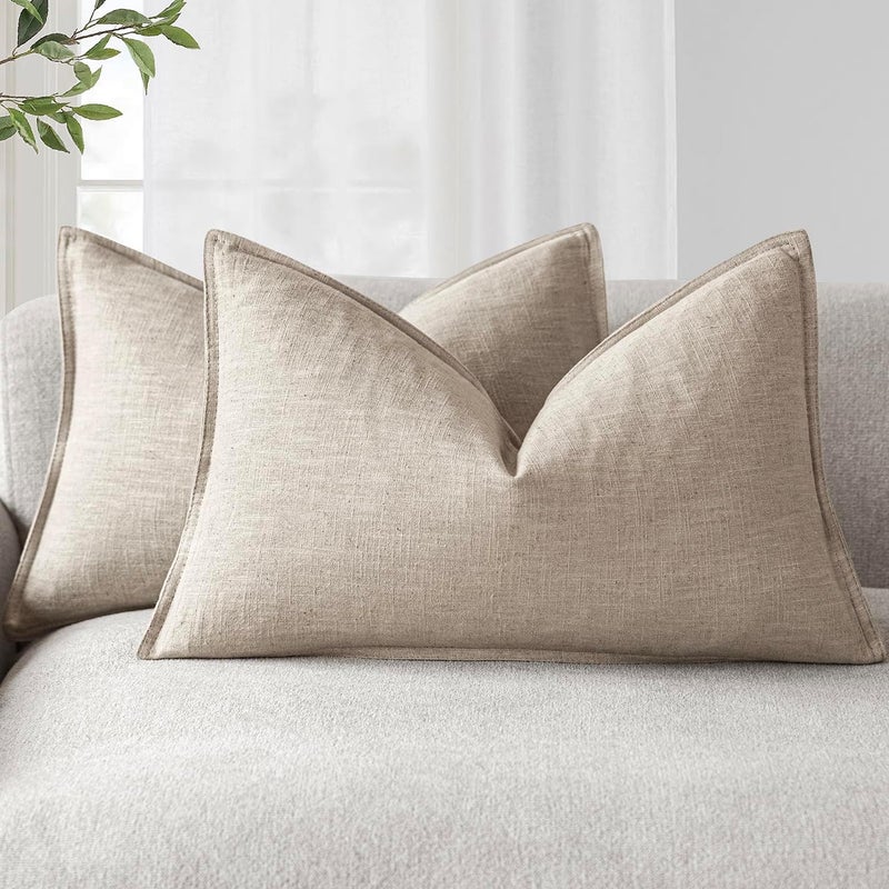 Foindtower Pack of 2, Decorative Linen Soild Throw Pillow Covers Soft Accent Lumbar Cushion Case Farmhouse Pillowcase for Chair Couch Sofa Bedroom Living Room Home Decor 12 x 20 Inch Natural Linen - Image 1