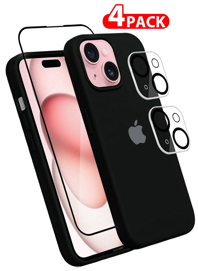 CATANES - 4 Packs For iPhone 15 Plus Case Screen Protector and 2 Camera Lens Protectors Upgrade Defender Silicone Cover Shockproof Anti-Scratch Protective Phone Case Black - Image 1