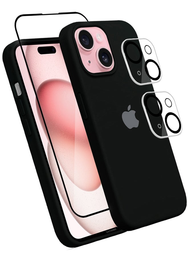 CATANES - 4 Packs For iPhone 15 Plus Case Screen Protector and 2 Camera Lens Protectors Upgrade Defender Silicone Cover Shockproof Anti-Scratch Protective Phone Case Black - Image 1