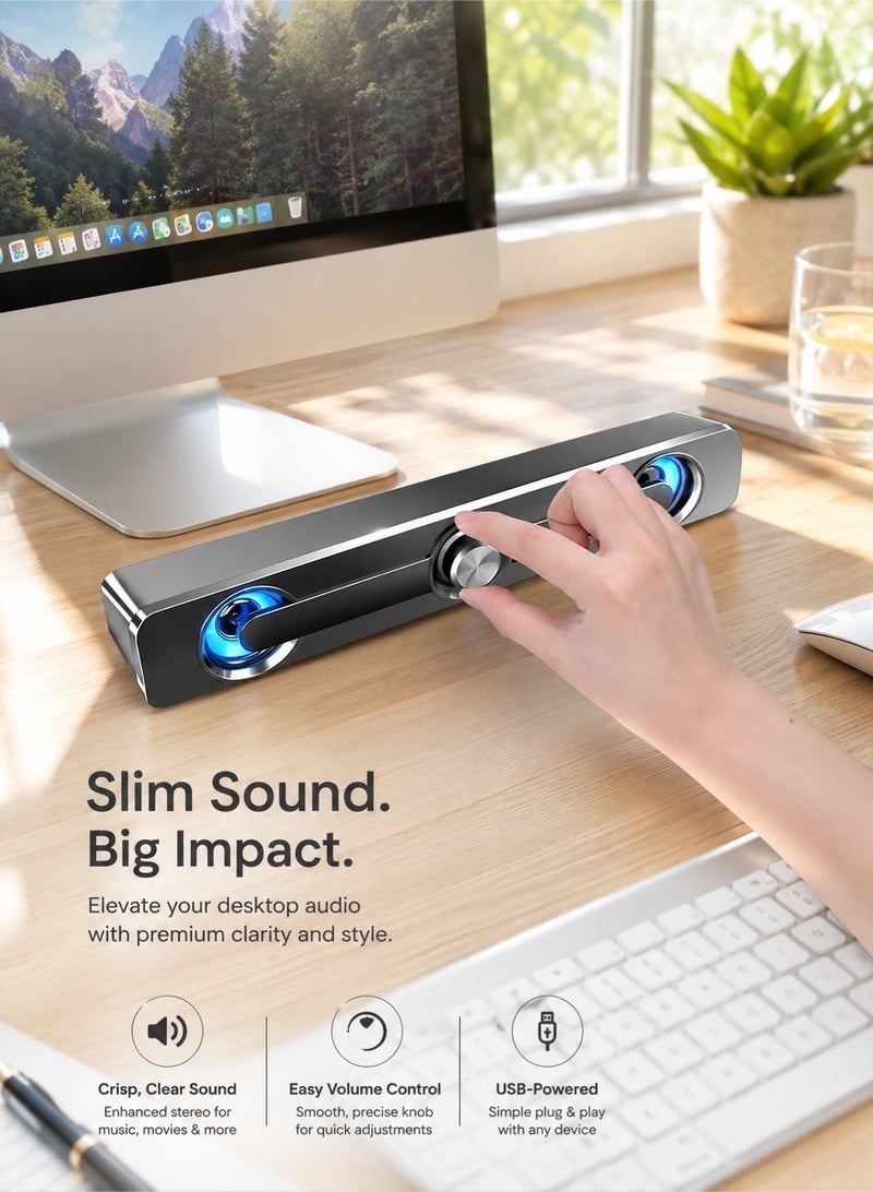 صدى مكبر صوت سطح المكتب ساوند بار يعمل بمنفذ USB سلكي، نظام ستيريو 2.0 مع إضاءة LED زرقاء باردة، مقبض تحكم مستقل لمستوى الصوت، منفذ صوت 3.5 ملم، تشغيل فوري بدون برامج، تصميم نحيف موفر للمساحة، صوت محيطي واضح لأجهزة الكمبيوتر المكتبي واللابتوب والشاشة، للمنزل والمكتب والألعاب والأفلام والموسيقى، مكبر صوت كمبيوتر متعدد الوسائط أسود - Image 3