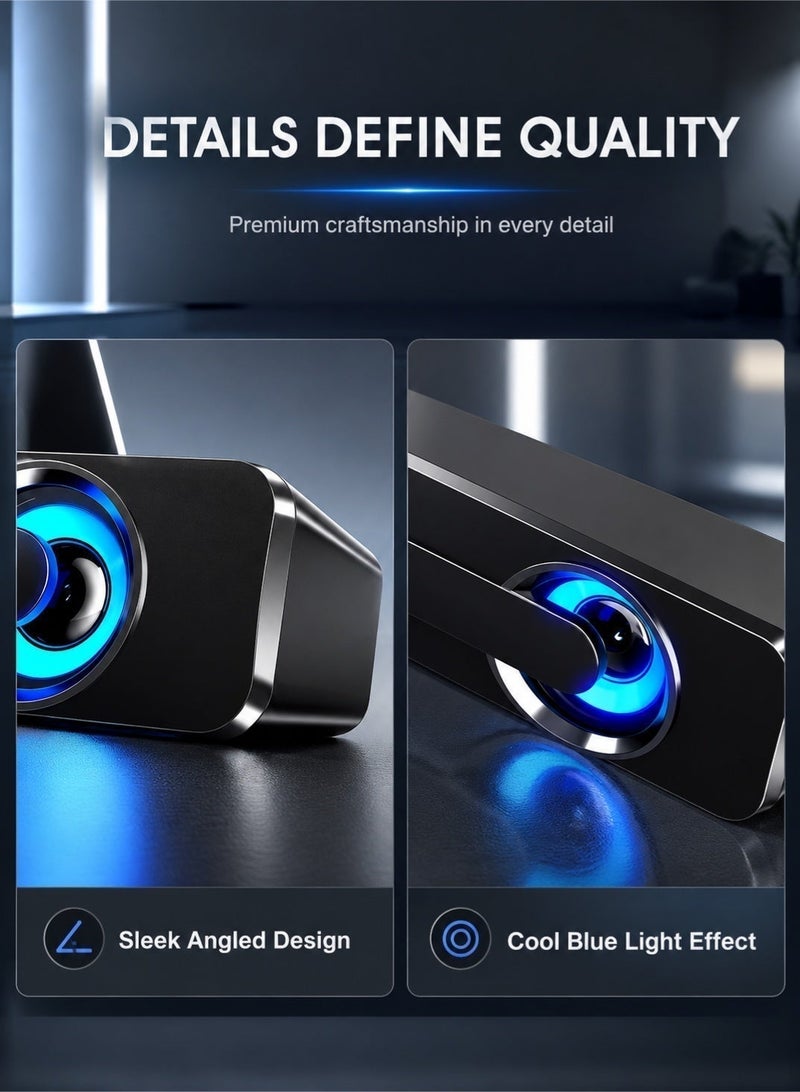 صدى مكبر صوت سطح المكتب ساوند بار يعمل بمنفذ USB سلكي، نظام ستيريو 2.0 مع إضاءة LED زرقاء باردة، مقبض تحكم مستقل لمستوى الصوت، منفذ صوت 3.5 ملم، تشغيل فوري بدون برامج، تصميم نحيف موفر للمساحة، صوت محيطي واضح لأجهزة الكمبيوتر المكتبي واللابتوب والشاشة، للمنزل والمكتب والألعاب والأفلام والموسيقى، مكبر صوت كمبيوتر متعدد الوسائط أسود - Image 2