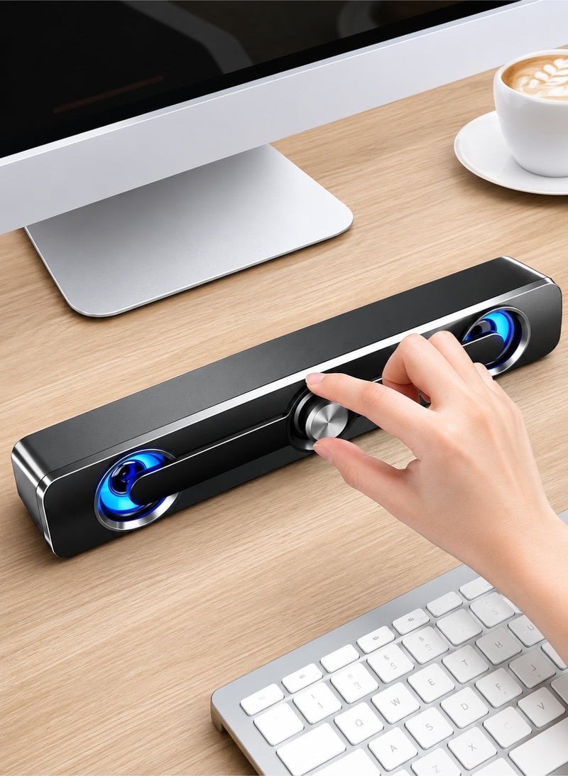 صدى مكبر صوت سطح المكتب ساوند بار يعمل بمنفذ USB سلكي، نظام ستيريو 2.0 مع إضاءة LED زرقاء باردة، مقبض تحكم مستقل لمستوى الصوت، منفذ صوت 3.5 ملم، تشغيل فوري بدون برامج، تصميم نحيف موفر للمساحة، صوت محيطي واضح لأجهزة الكمبيوتر المكتبي واللابتوب والشاشة، للمنزل والمكتب والألعاب والأفلام والموسيقى، مكبر صوت كمبيوتر متعدد الوسائط أسود - Image 1