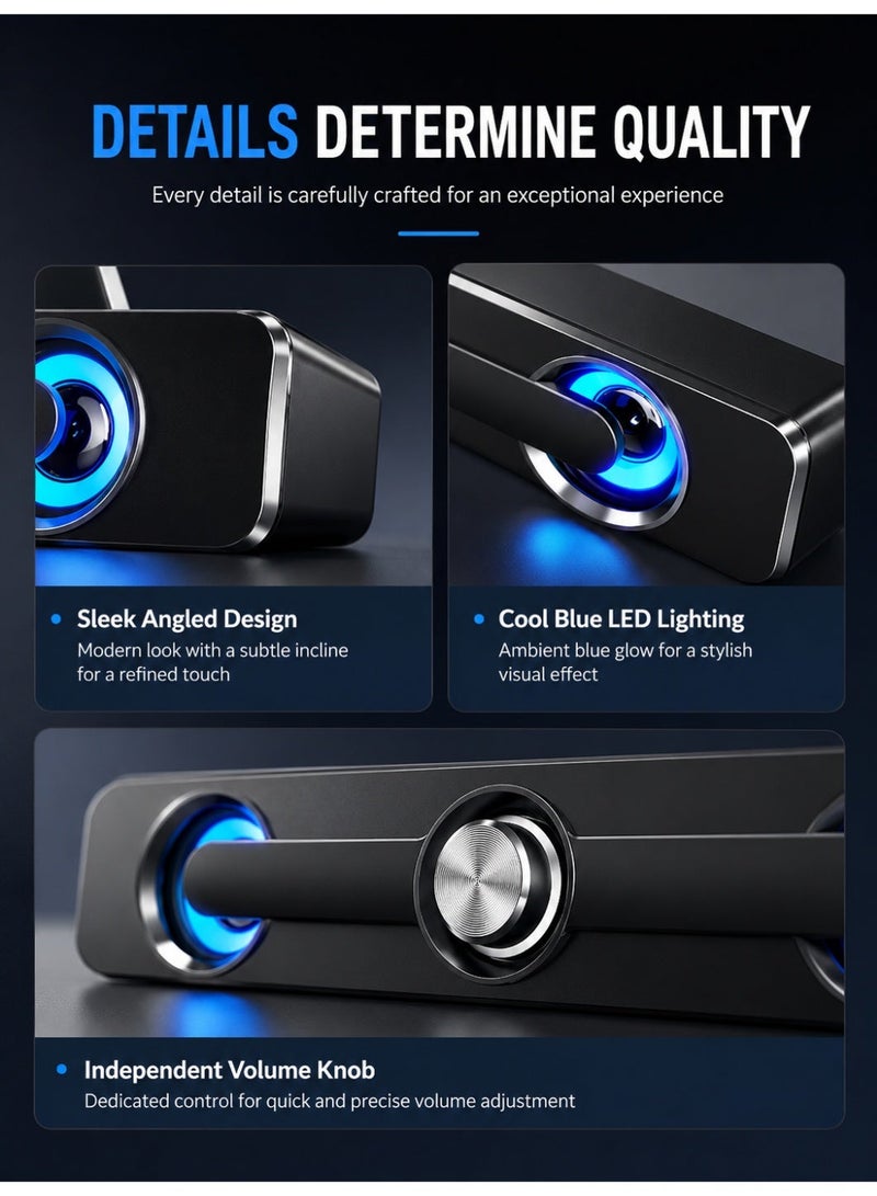 صدى مكبر صوت سطح المكتب ساوند بار يعمل بمنفذ USB سلكي، نظام ستيريو 2.0 مع إضاءة LED زرقاء باردة، مقبض تحكم مستقل لمستوى الصوت، منفذ صوت 3.5 ملم، تشغيل فوري بدون برامج، تصميم نحيف موفر للمساحة، صوت محيطي واضح لأجهزة الكمبيوتر المكتبي واللابتوب والشاشة، للمنزل والمكتب والألعاب والأفلام والموسيقى، مكبر صوت كمبيوتر متعدد الوسائط أسود - Image 5