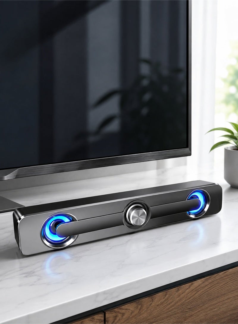 صدى مكبر صوت سطح المكتب ساوند بار يعمل بمنفذ USB سلكي، نظام ستيريو 2.0 مع إضاءة LED زرقاء باردة، مقبض تحكم مستقل لمستوى الصوت، منفذ صوت 3.5 ملم، تشغيل فوري بدون برامج، تصميم نحيف موفر للمساحة، صوت محيطي واضح لأجهزة الكمبيوتر المكتبي واللابتوب والشاشة، للمنزل والمكتب والألعاب والأفلام والموسيقى، مكبر صوت كمبيوتر متعدد الوسائط أسود - Image 4