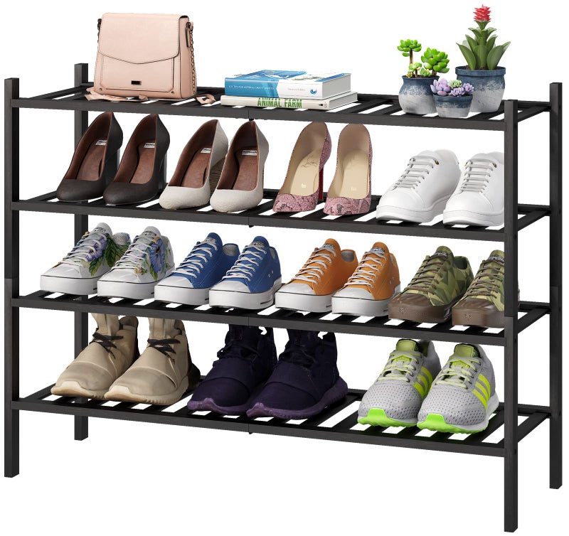 viewcare Black 4Tier Long Shoe Rack Bamboo Wood 33Inch