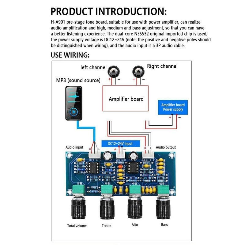 XH A901 NE5532 Preamplifier Board With Treble Bass Volume Tone Control DC 12 24V - Image 4