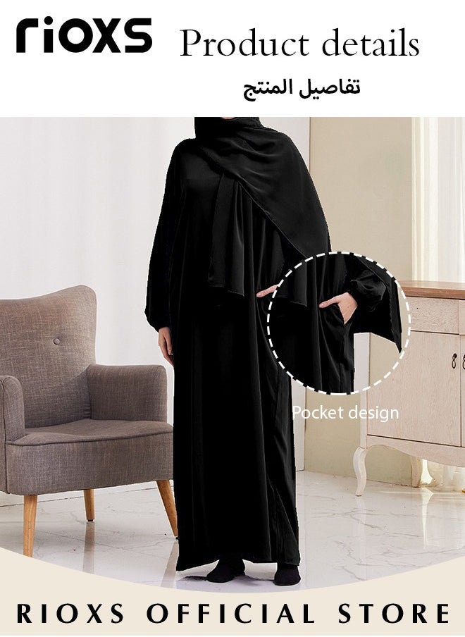 RIOXS - Women's Muslim Islamic Robe, Full Cover Solid Plus Size One-Piece Prayer Dress, Long Sleeve Islamic Evening Gown, Middle Eastern Turban Robe Dress, Traditional Wear For Women - Image 1