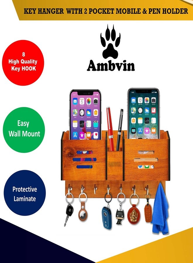 AMBVIN Multipurpose Wooden Key Holder With Mobile Pen Shelf Stylish Wall Stand Key Hanger For Home Decor (8 Hook) - Image 2