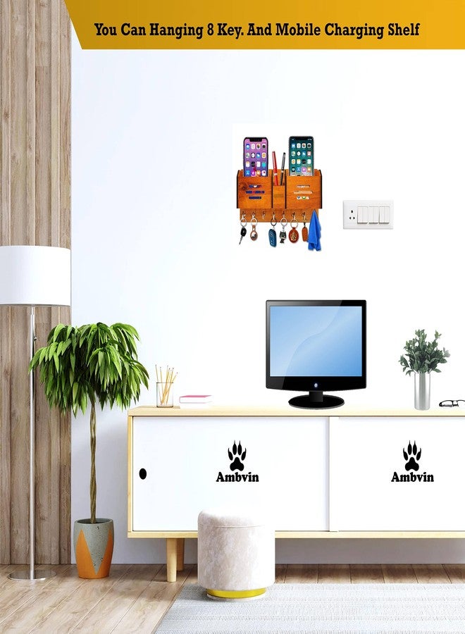 AMBVIN Multipurpose Wooden Key Holder With Mobile Pen Shelf Stylish Wall Stand Key Hanger For Home Decor (8 Hook) - Image 5