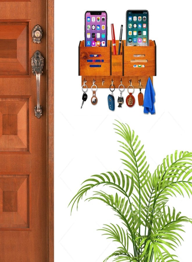 AMBVIN Multipurpose Wooden Key Holder With Mobile Pen Shelf Stylish Wall Stand Key Hanger For Home Decor (8 Hook) - Image 3