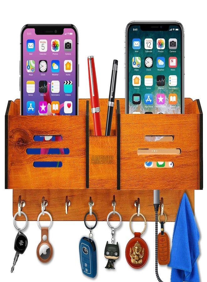 AMBVIN Multipurpose Wooden Key Holder With Mobile Pen Shelf Stylish Wall Stand Key Hanger For Home Decor (8 Hook) - Image 1