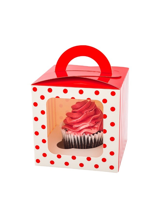 Restaurantware Pastry Tek 4.5 Inch Individual Cupcake Boxes, 100 Polka Dots Cupcake Favor Boxes - Fits 1, With Window, Red Paper Cupcake Gift Boxes, Built In Handle, For Weddings Or Parties  - Image 2