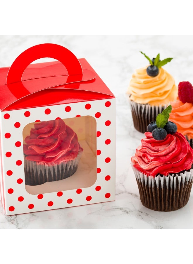 Restaurantware Pastry Tek 4.5 Inch Individual Cupcake Boxes, 100 Polka Dots Cupcake Favor Boxes - Fits 1, With Window, Red Paper Cupcake Gift Boxes, Built In Handle, For Weddings Or Parties  - Image 3
