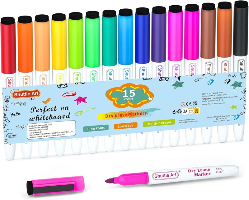 Shuttle Art Dry Erase Markers, 15 Colors Magnetic Whiteboard Markers with Erase,Fine Point Dry Erase Markers Perfect For Writing on Whiteboards, Dry-Erase Boards,Mirrors for School Office Home - Image 1