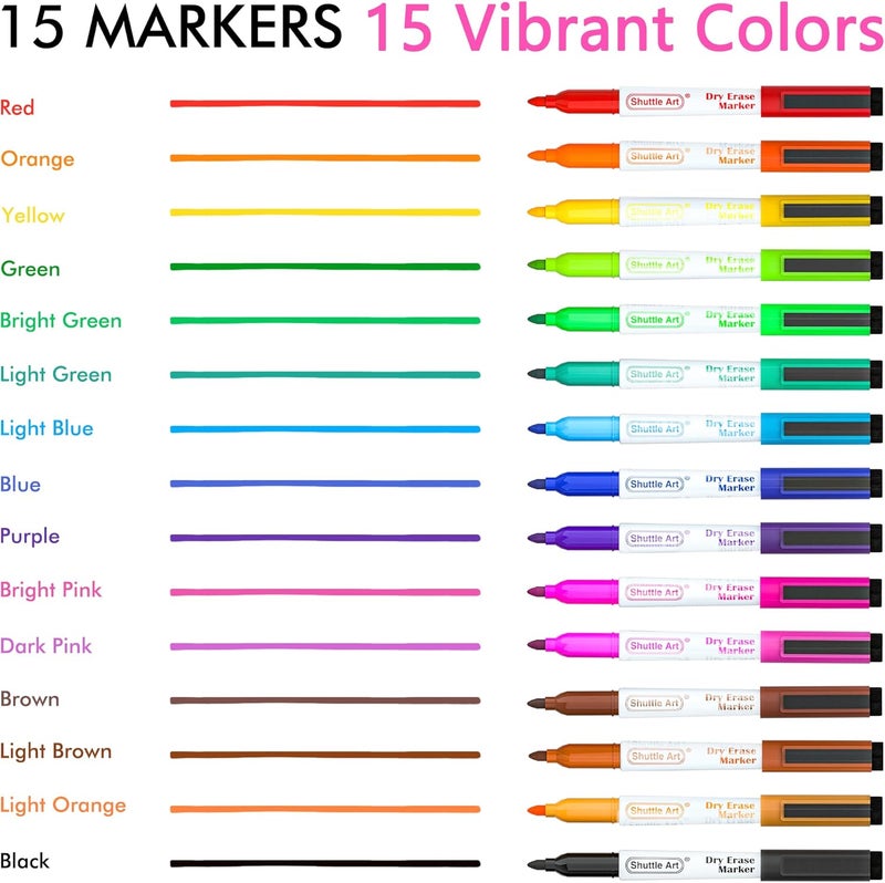 Shuttle Art Dry Erase Markers, 15 Colors Magnetic Whiteboard Markers with Erase,Fine Point Dry Erase Markers Perfect For Writing on Whiteboards, Dry-Erase Boards,Mirrors for School Office Home - Image 2