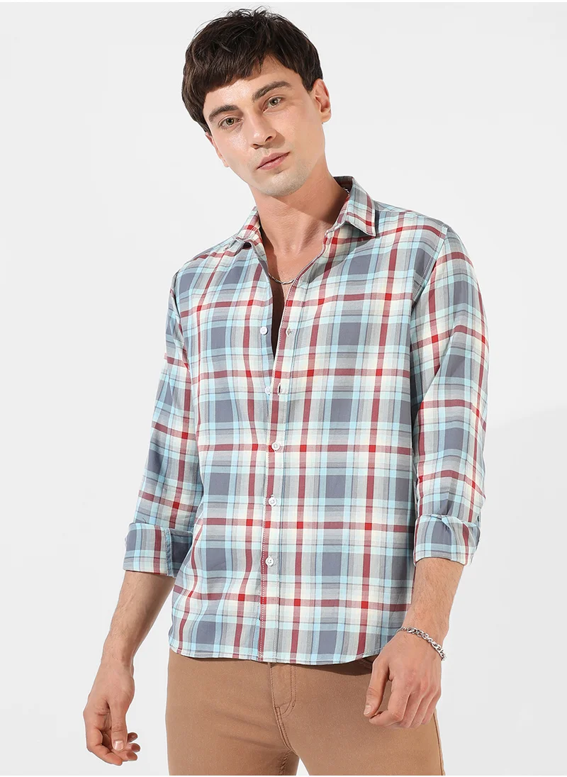 Campus Sutra Campus Sutra Men's Multicolour Checkered Button Up Spread Collar Shirt For Casual Wear | Regular Fit | Cotton Shirt Crafted With Comfort Fit, Long Sleeve & High-Performance For Everyday Wear