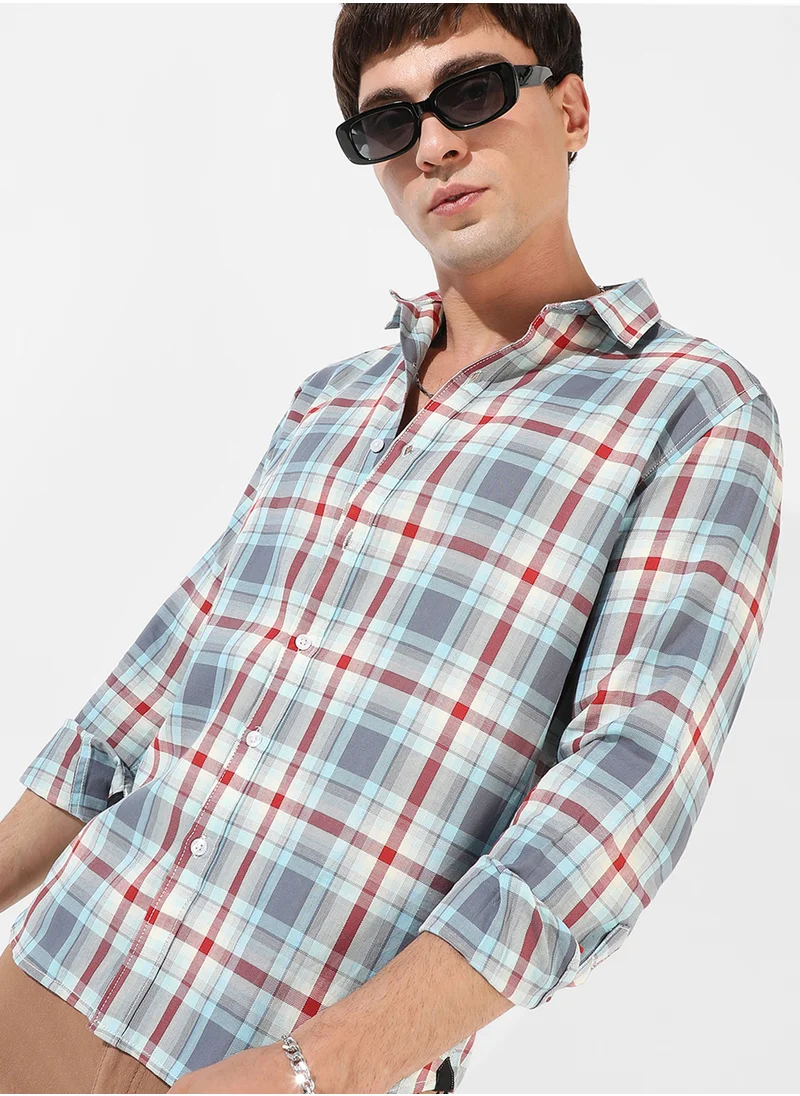 Campus Sutra Campus Sutra Men's Multicolour Checkered Button Up Spread Collar Shirt For Casual Wear | Regular Fit | Cotton Shirt Crafted With Comfort Fit, Long Sleeve & High-Performance For Everyday Wear