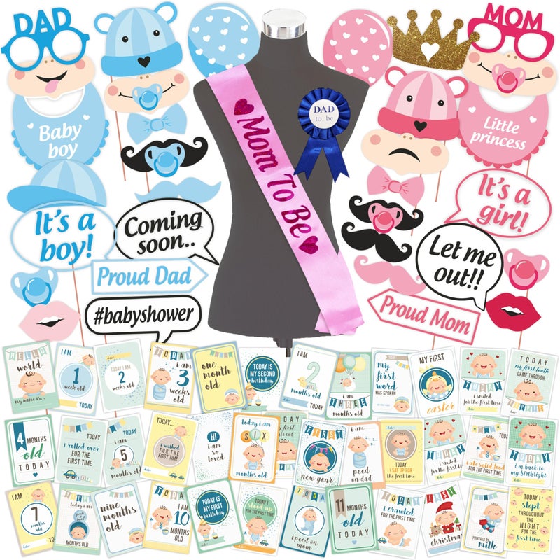 Wobbox Baby Shower Decoration Items| Baby Shower Ceremony Photo Booth Props for Photoshoot, Daddy to Be Badge & Mom to Be Sash with Milestone Card, Godh Bharai Ceremony Decoration Kit-(FP805) - Image 1