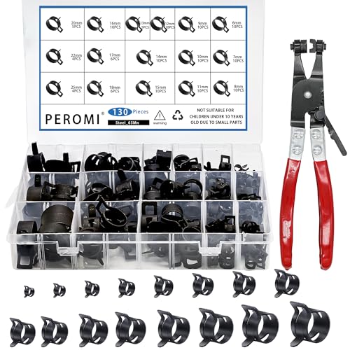 PEROMI 130Pcs 6-25mm Spring Band Hose Clamps With Swivel Flat Hose Clamp Plier Assortment Kit, Constant Tension Steel Clamps for Fuel Lines, Silicone, Vacuum Hoses & Low-Pressure Air Clips By PEROMI - Image 1