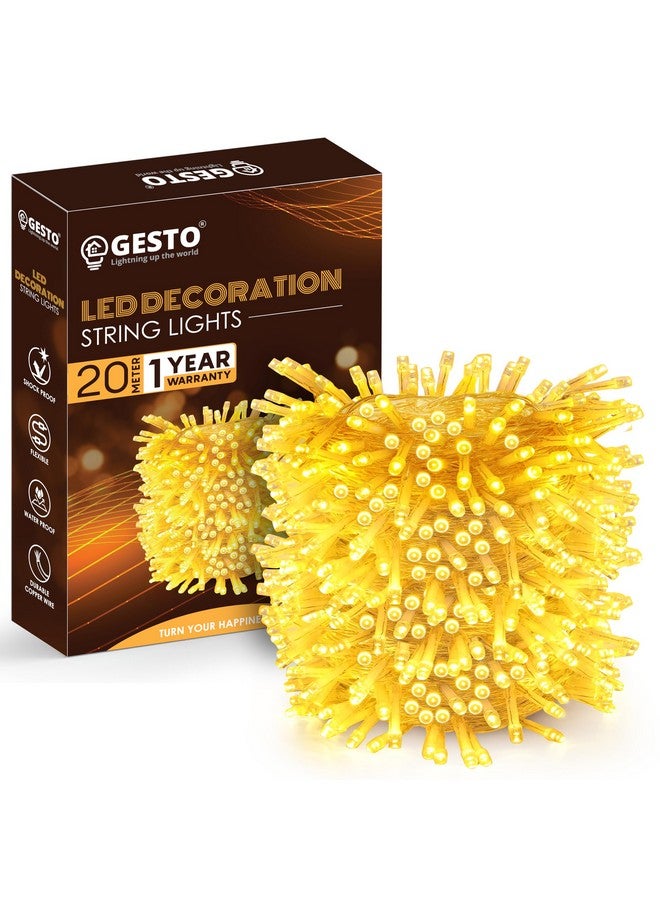 الجستو سلسلة أضواء LED متسلسلة بطول 20 متر من Gesto - أضواء ذهبية مقاومة للماء من الأسلاك النحاسية لتزيين المنزل | ضوء أصفر لتزيين ديوالي، أضواء للشرفة الخارجية، الكريسماس - (أبيض دافئ | عبوة من قطعة واحدة) - Image 1