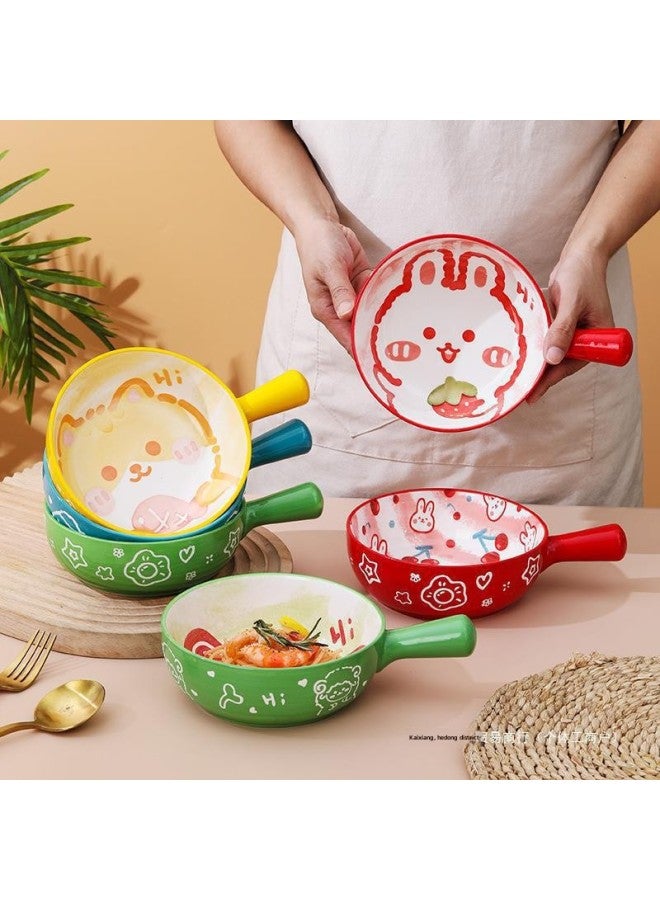 Oven Ceramic Baking Bowl Household Bowl With Handle Fruit Salad Bowl Cartoon Student Dormitory Single Handle Instant Noodle Bowl-Specifications:Default-Capacity:Handle Bowl (water-tight Peach + Pineapple)  - Image 1