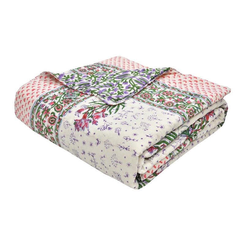 LOARSHY لحاف لوارش Hand Block مطبوع من القطن الخالص بحجم كينج - متعدد (الحجم 90X108 بوصة) - Image 1