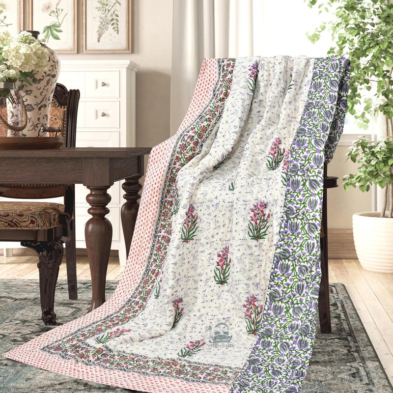 LOARSHY لحاف لوارش Hand Block مطبوع من القطن الخالص بحجم كينج - متعدد (الحجم 90X108 بوصة) - Image 3