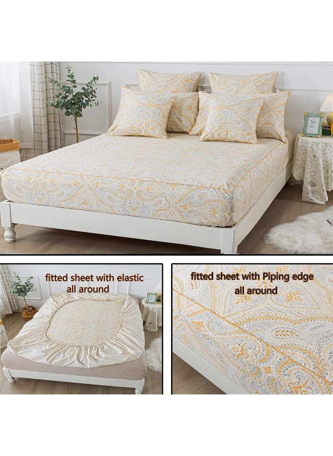 FADFAY - FADFAY Luxury Sheets Set King Classical Damask Paisley Bedding Luxurious Gold Classy Paisley Bed Sheet Set Breathable 100% Cotton Ultra Soft Hypoallergenic Deep Pocket Fitted Sheet 4Pcs, King Size - Image 1