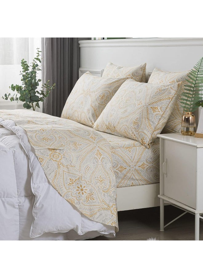 FADFAY - FADFAY Luxury Sheets Set King Classical Damask Paisley Bedding Luxurious Gold Classy Paisley Bed Sheet Set Breathable 100% Cotton Ultra Soft Hypoallergenic Deep Pocket Fitted Sheet 4Pcs, King Size - Image 1