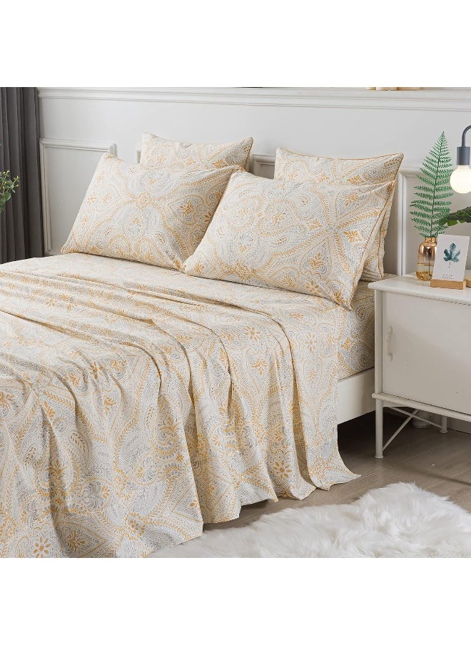 FADFAY - FADFAY Luxury Sheets Set King Classical Damask Paisley Bedding Luxurious Gold Classy Paisley Bed Sheet Set Breathable 100% Cotton Ultra Soft Hypoallergenic Deep Pocket Fitted Sheet 4Pcs, King Size - Image 1