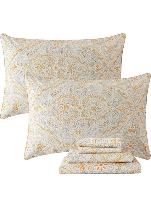 FADFAY Luxury Sheets Set King Classical Damask Paisley Bedding Luxurious Gold Classy Paisley Bed Sheet Set Breathable 100% Cotton Ultra Soft Hypoallergenic Deep Pocket Fitted Sheet 4Pcs, King Size
