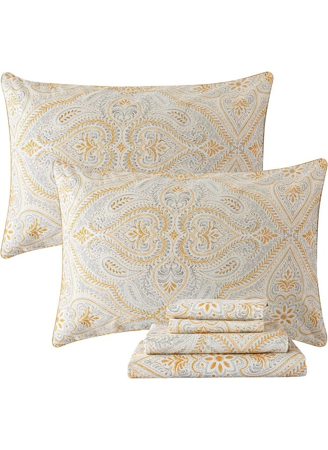 FADFAY - FADFAY Luxury Sheets Set King Classical Damask Paisley Bedding Luxurious Gold Classy Paisley Bed Sheet Set Breathable 100% Cotton Ultra Soft Hypoallergenic Deep Pocket Fitted Sheet 4Pcs, King Size - Image 1