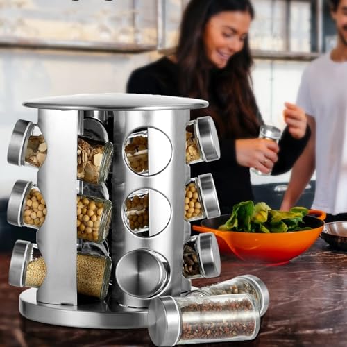 Delavala 12 Jar - Rotating Spice Rack For Kitchen | Glass Spice Rack Set For Kitchen | Carousel For Kitchen | Stainless Steel Spice rack | Masala Container | Jars And Containers set - Image 3