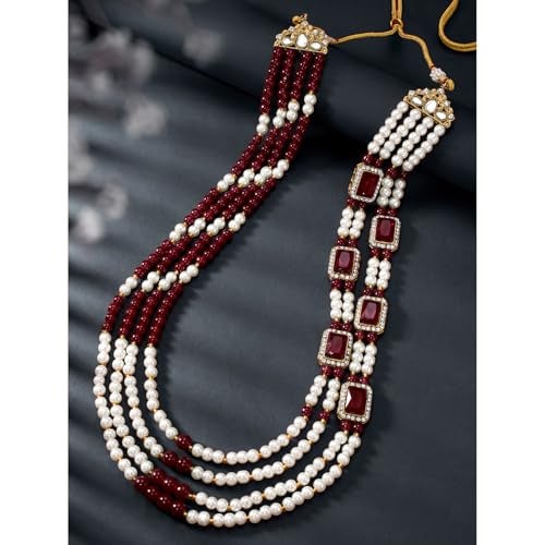 Peora Gold Plated Crystal & Beads Studded Maroon White Necklace Mala Sherwani Groom's Haar Ethnic Jewellery for Men - Image 3