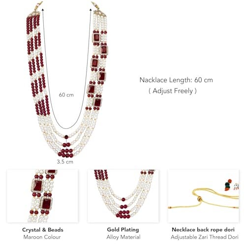 Peora Gold Plated Crystal & Beads Studded Maroon White Necklace Mala Sherwani Groom's Haar Ethnic Jewellery for Men - Image 4
