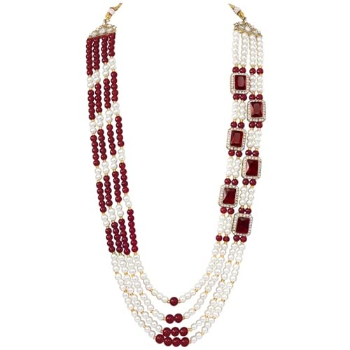 Peora Gold Plated Crystal & Beads Studded Maroon White Necklace Mala Sherwani Groom's Haar Ethnic Jewellery for Men - Image 1